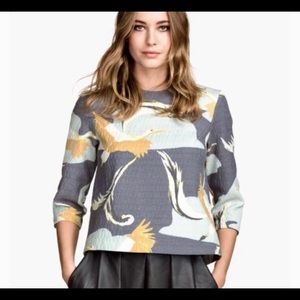 H&M Crane Print 3/4 Sleeve Swing Blouse, Sz 8